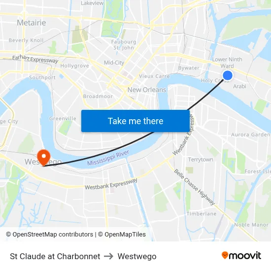 St Claude at Charbonnet to Westwego map