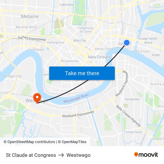 St Claude at Congress to Westwego map