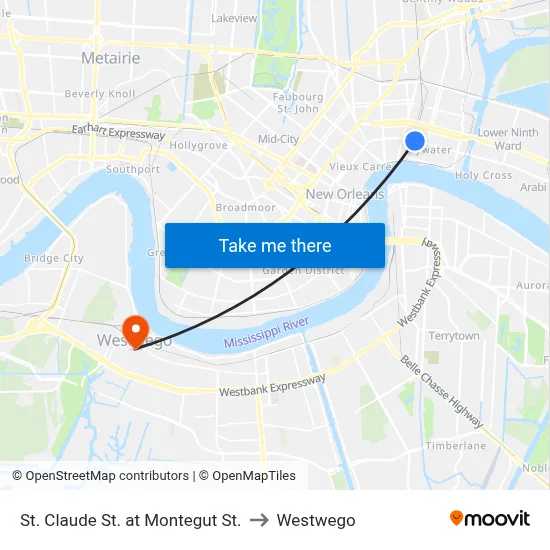 St. Claude St. at Montegut St. to Westwego map