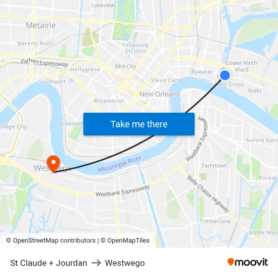 St Claude + Jourdan to Westwego map