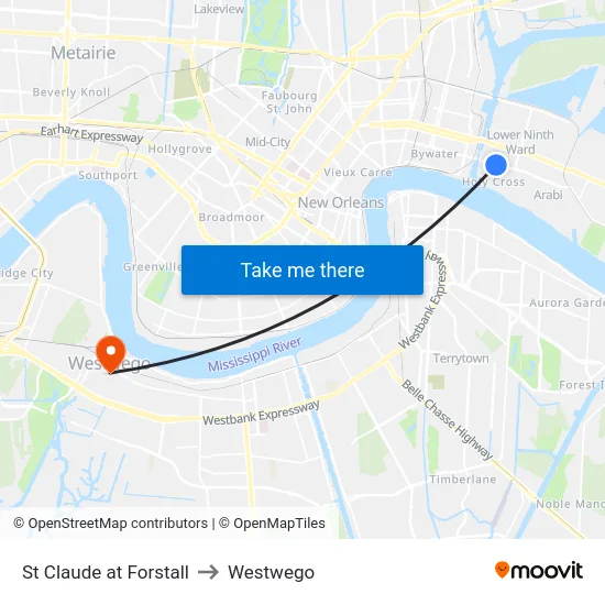 St Claude at Forstall to Westwego map