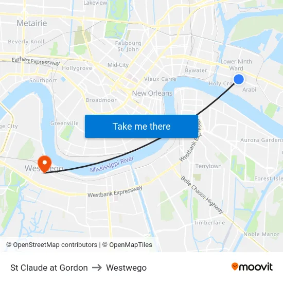 St Claude at Gordon to Westwego map