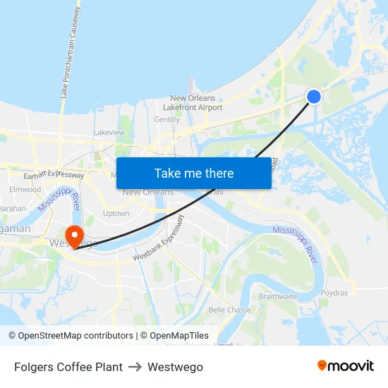 Folgers Coffee Plant to Westwego map