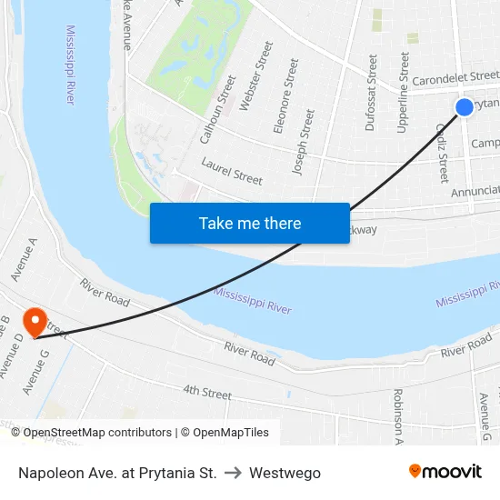 Napoleon Ave. at Prytania St. to Westwego map