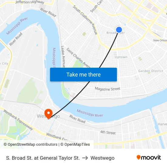 S. Broad St. at General Taylor St. to Westwego map