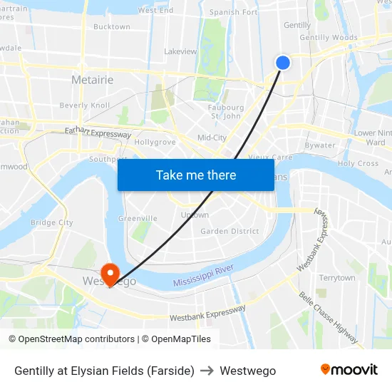 Gentilly at Elysian Fields (Farside) to Westwego map