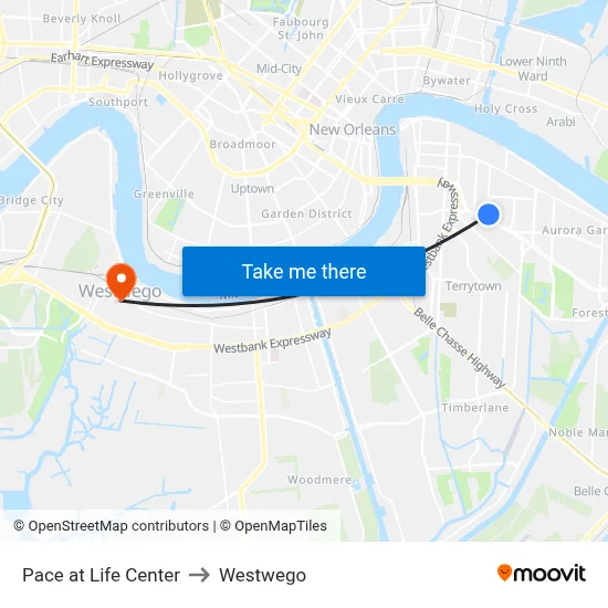 Pace at Life Center to Westwego map