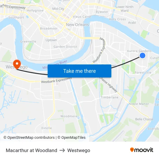 Macarthur at Woodland to Westwego map