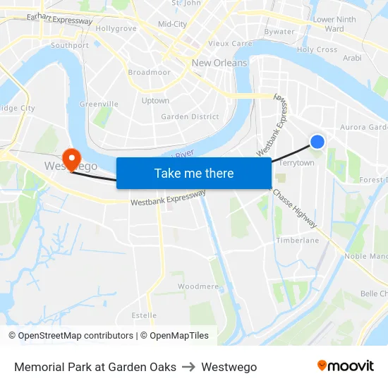 Memorial Park at Garden Oaks to Westwego map