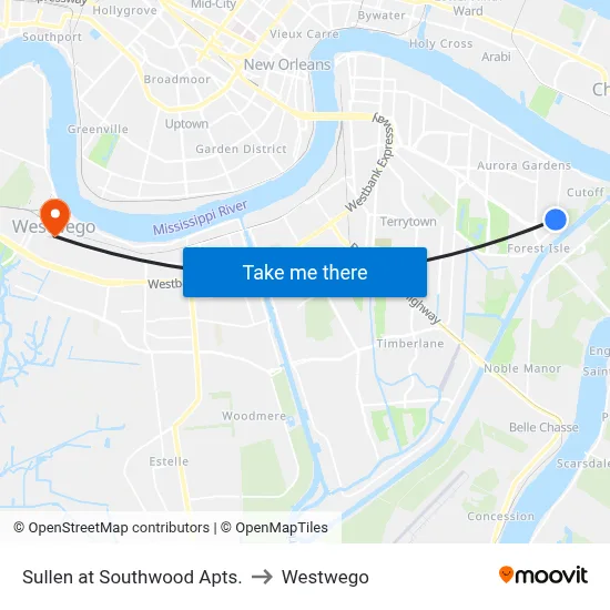 Sullen at Southwood Apts. to Westwego map