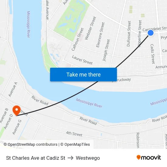 St Charles Ave at Cadiz St to Westwego map