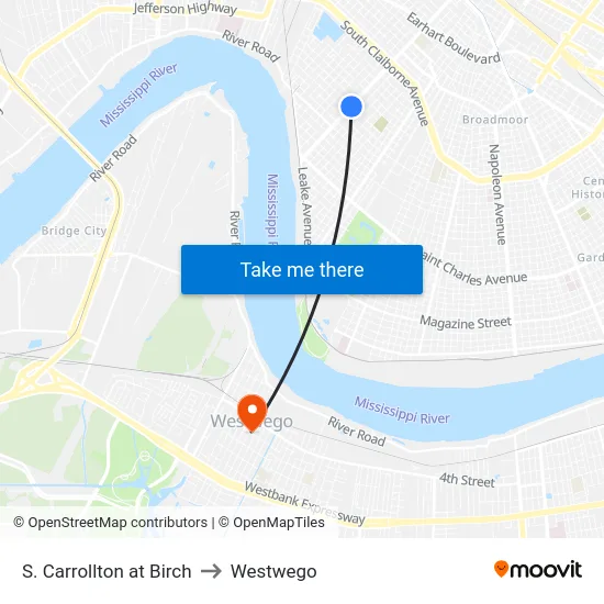 S. Carrollton at Birch to Westwego map