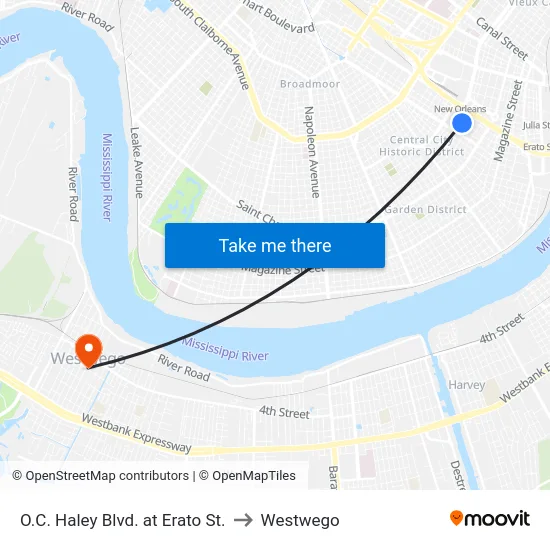 O.C. Haley Blvd. at Erato St. to Westwego map