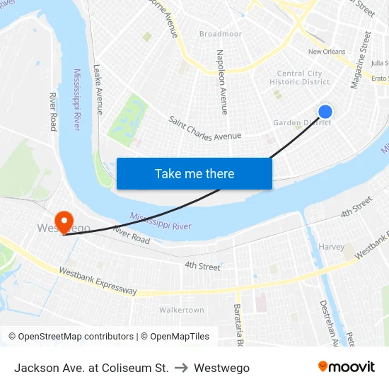 Jackson Ave. at Coliseum St. to Westwego map