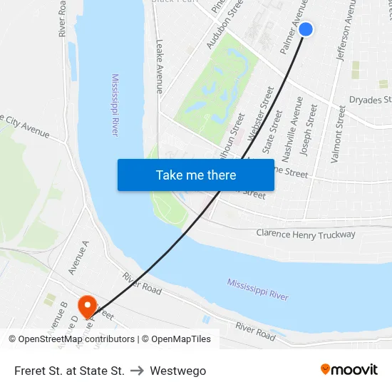 Freret St. at State St. to Westwego map