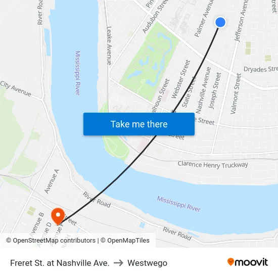 Freret St. at Nashville Ave. to Westwego map