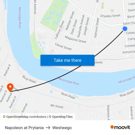 Napoleon at Prytania to Westwego map