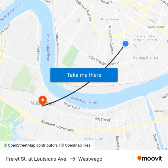 Freret St. at Louisiana Ave. to Westwego map
