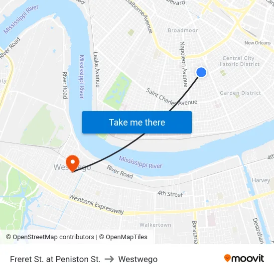 Freret St. at Peniston St. to Westwego map