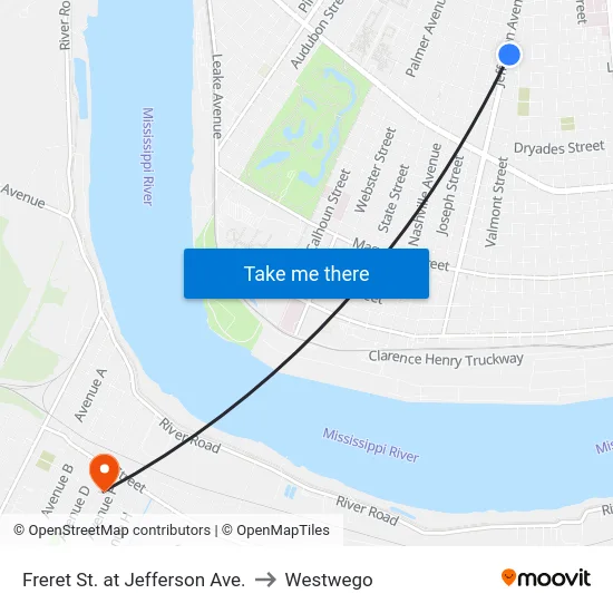 Freret St. at Jefferson Ave. to Westwego map