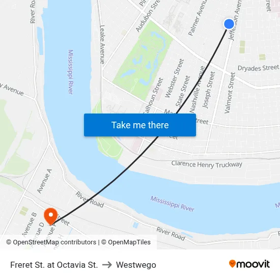 Freret St. at Octavia St. to Westwego map