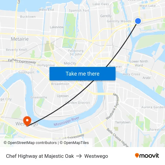 Chef Highway at Majestic Oak to Westwego map