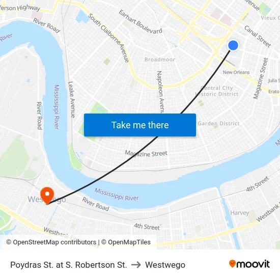 Poydras St. at S. Robertson St. to Westwego map
