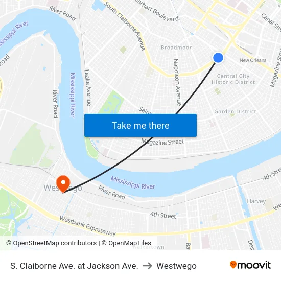S. Claiborne Ave. at Jackson Ave. to Westwego map