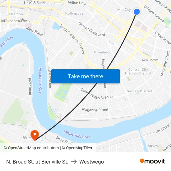 N. Broad St. at Bienville St. to Westwego map