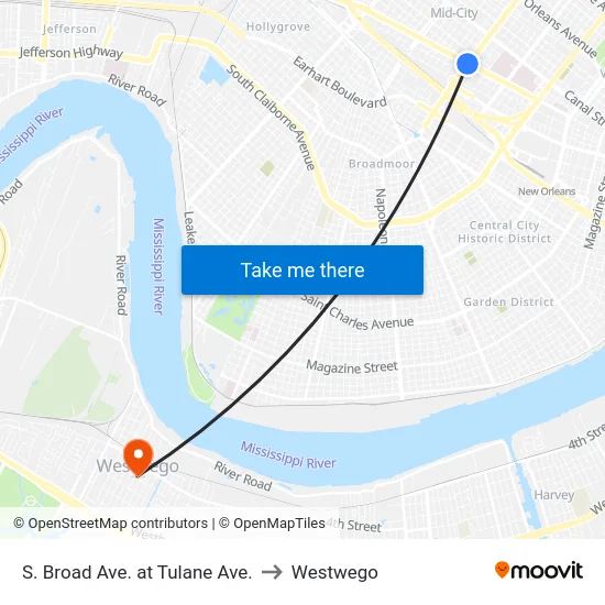 S. Broad Ave. at Tulane Ave. to Westwego map