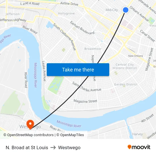N. Broad at St Louis to Westwego map