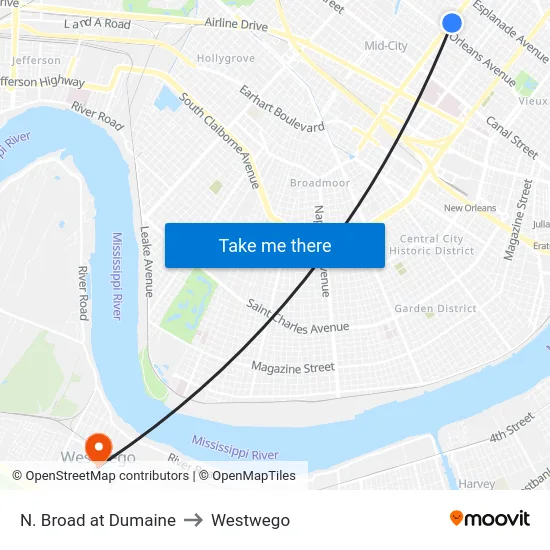 N. Broad at Dumaine to Westwego map