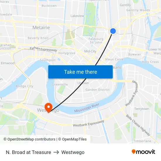 N. Broad at Treasure to Westwego map