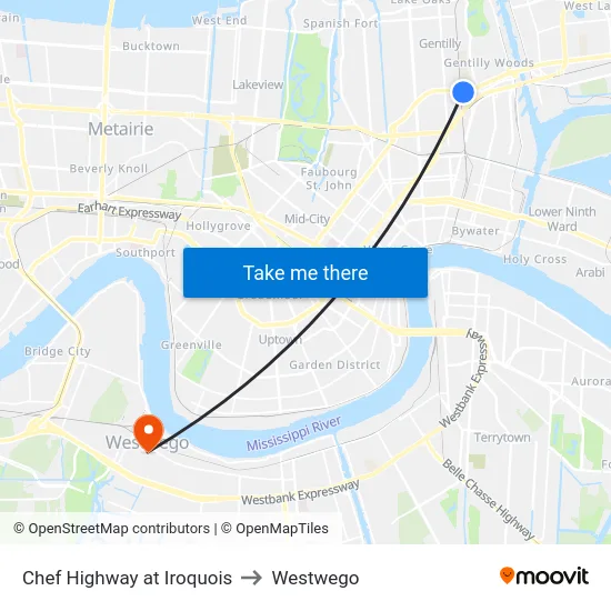 Chef Highway at Iroquois to Westwego map