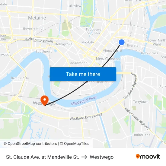 St. Claude Ave. at Mandeville St. to Westwego map