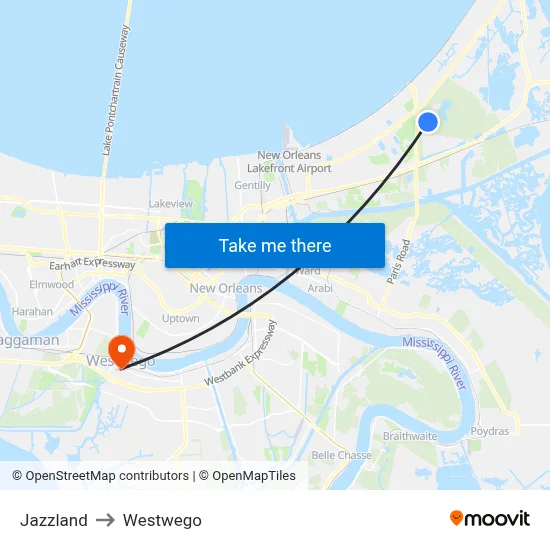 Jazzland to Westwego map