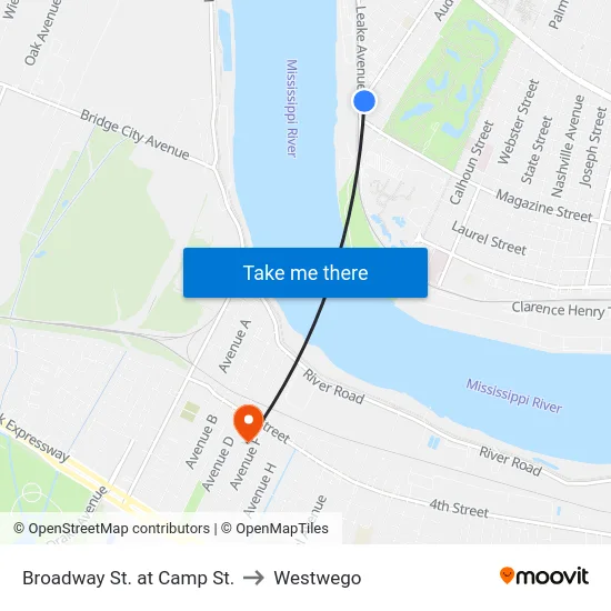 Broadway St. at Camp St. to Westwego map