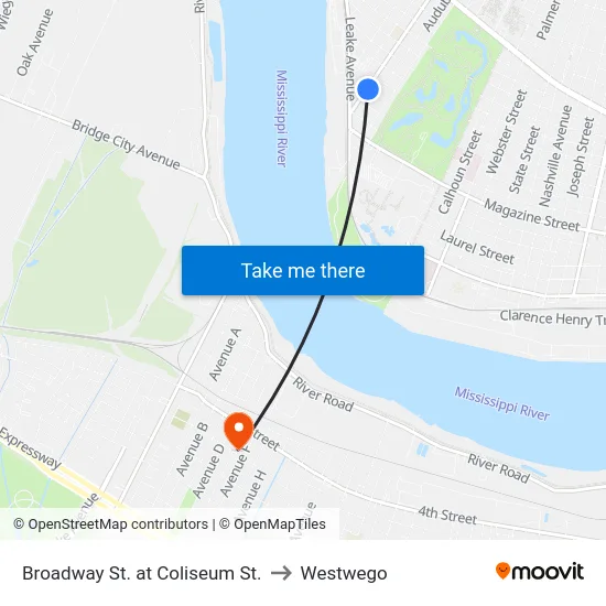 Broadway St. at Coliseum St. to Westwego map