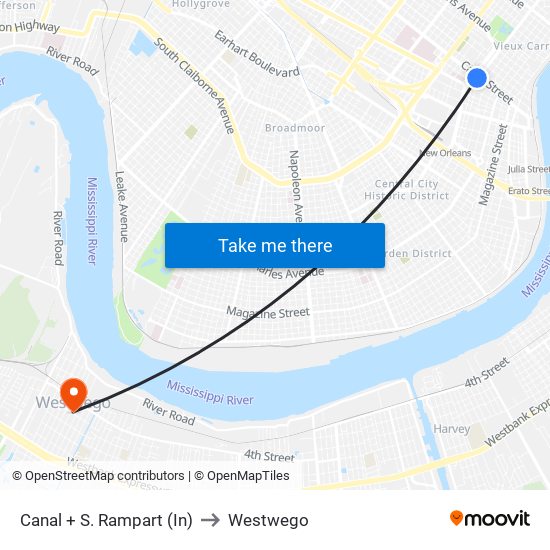 Canal + S. Rampart (In) to Westwego map