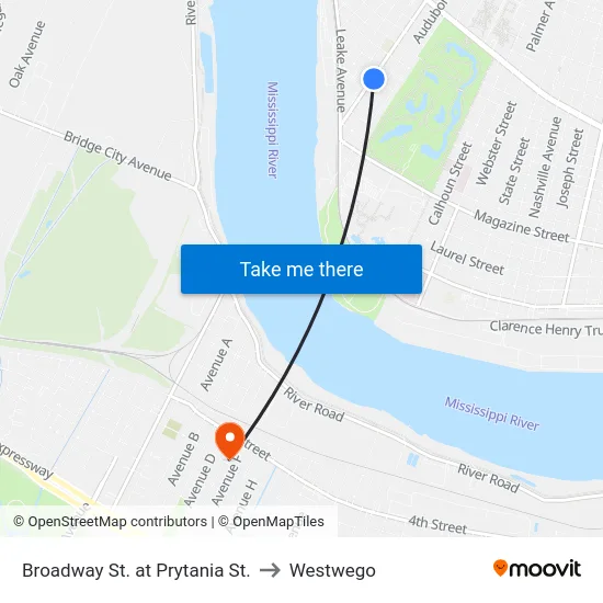Broadway St. at Prytania St. to Westwego map