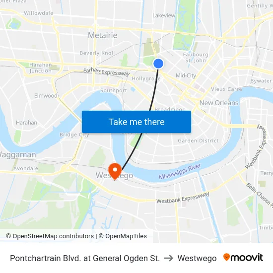 Pontchartrain Blvd. at General Ogden St. to Westwego map