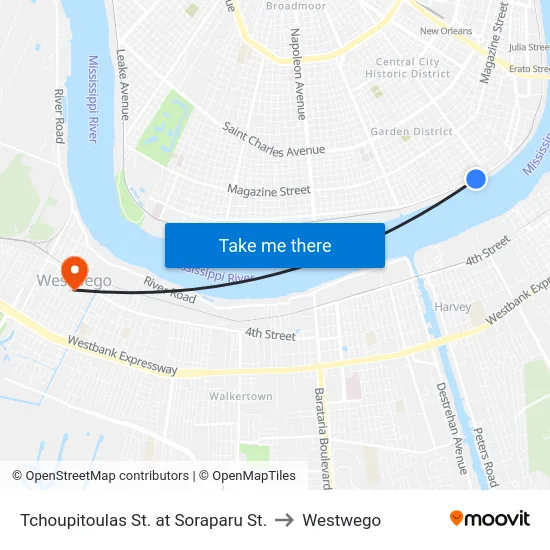 Tchoupitoulas St. at Soraparu St. to Westwego map