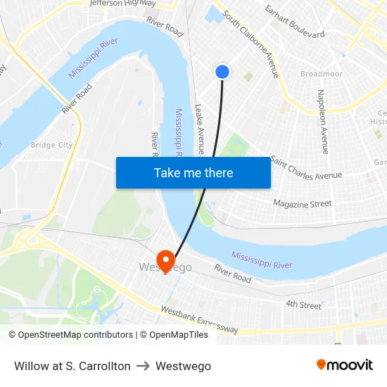 Willow at S. Carrollton to Westwego map