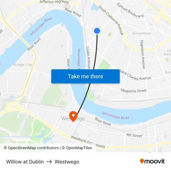 Willow at Dublin to Westwego map