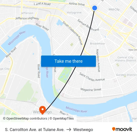 S. Carrollton Ave. at Tulane Ave. to Westwego map