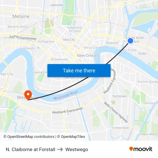 N. Claiborne at Forstall to Westwego map