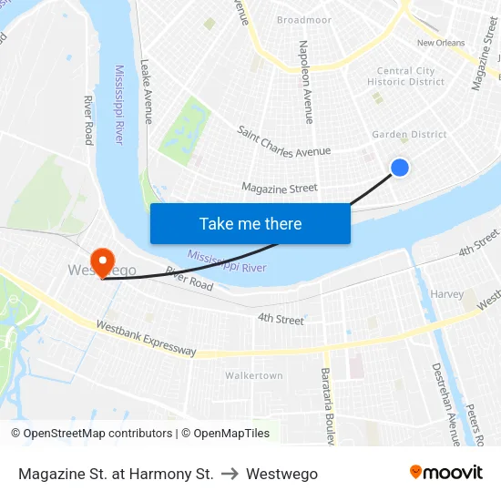 Magazine St. at Harmony St. to Westwego map