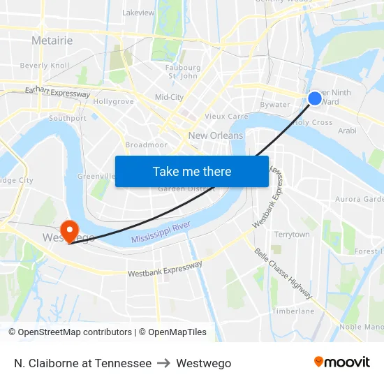 N. Claiborne at Tennessee to Westwego map