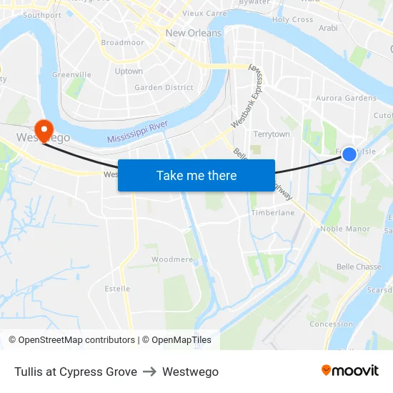 Tullis at Cypress Grove to Westwego map