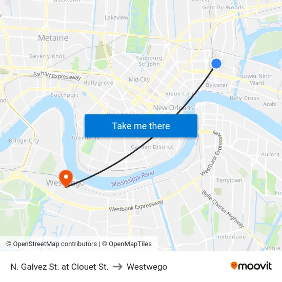 N. Galvez St. at Clouet St. to Westwego map
